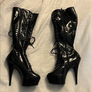 Pleaser Shiny Black Lace-Up Heeled Boots